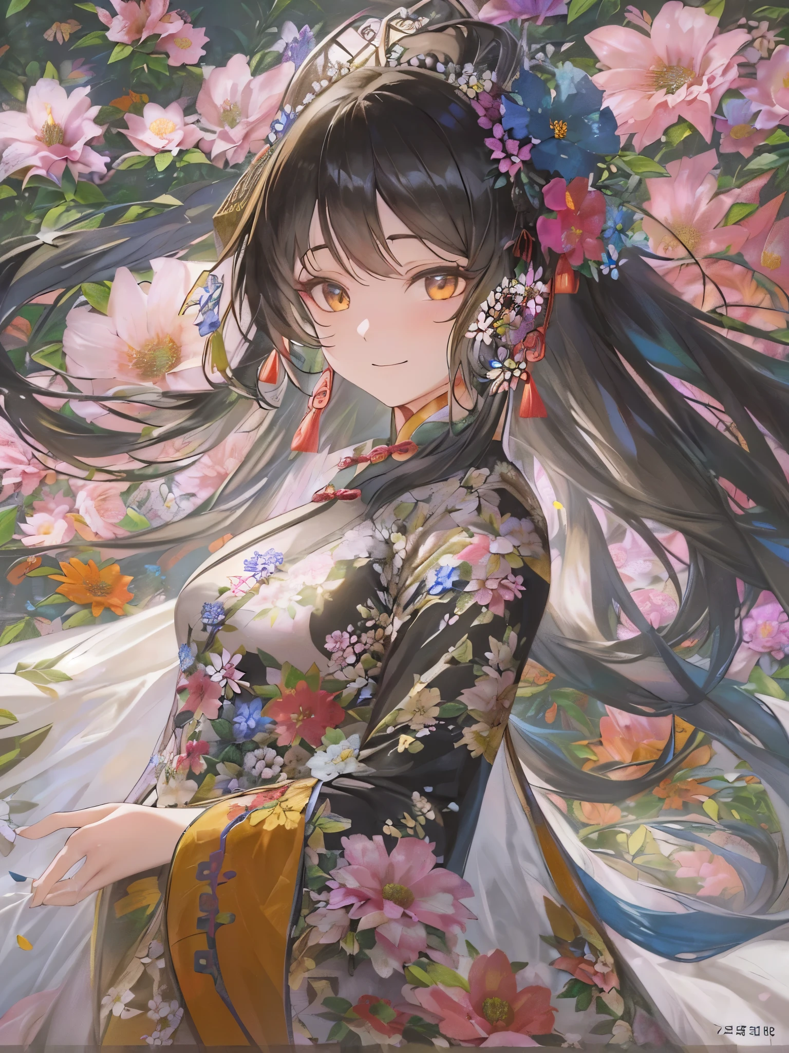 ((Highest quality)),(Ultra-high resolution),(Ultra-detailed new),(Detailed Description),((The best CG)),(masterpiece),Highly detailed art,A wonderful new art form,(Art with precise details:1.5), (Lady:1.4),(A colorful and detailed Chinese dress:1.7),(Beautiful and well-proportioned face:1.6),(Smile:1.4),(Shiny black hair:1.9),(Intricately detailed and shiny ornaments:1.4),(Taoyaka:1.5),(Supple:1.5), (Colorful flowers々:1.7), (The wind blowing through:1.5), (Gentle sunlight:1.6), Fantasy:1.6,