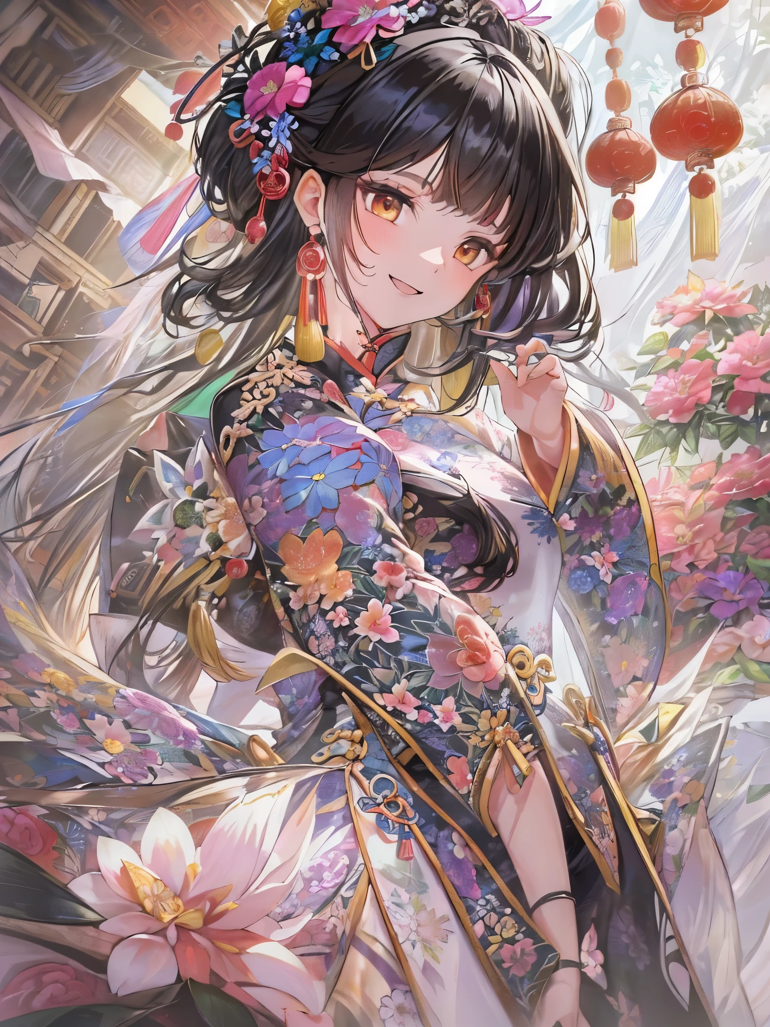 ((Highest quality)),(Ultra-high resolution),(Ultra-detailed new),(Detailed Description),((The best CG)),(masterpiece),Highly detailed art,A wonderful new art form,(Art with precise details:1.5), (Lady:1.4),(A colorful and detailed Chinese dress:1.7),(Beautiful and well-proportioned face:1.6),(Smile:1.4),(Shiny black hair:1.9),(Intricately detailed and shiny ornaments:1.4),(Taoyaka:1.5),(Supple:1.5), (Colorful flowers々:1.7), (The wind blowing through:1.5), (Gentle sunlight:1.6), Fantasy:1.6,