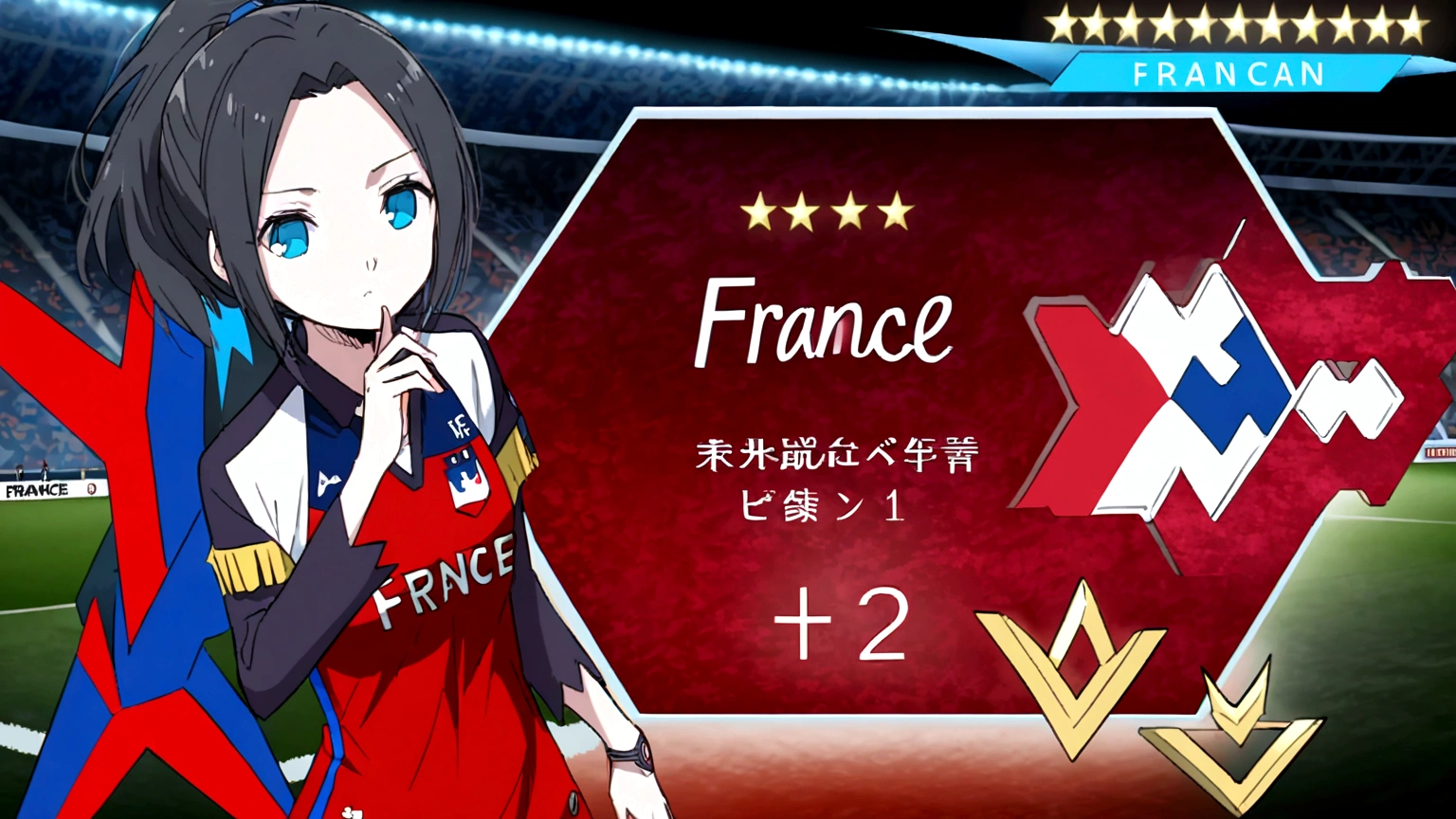 (anime,2D)Women,soccer player,black fur,wide,fringe,collected in a ponytail,clear skin,Light blue eyes,France national team clothing, In a soccer field.