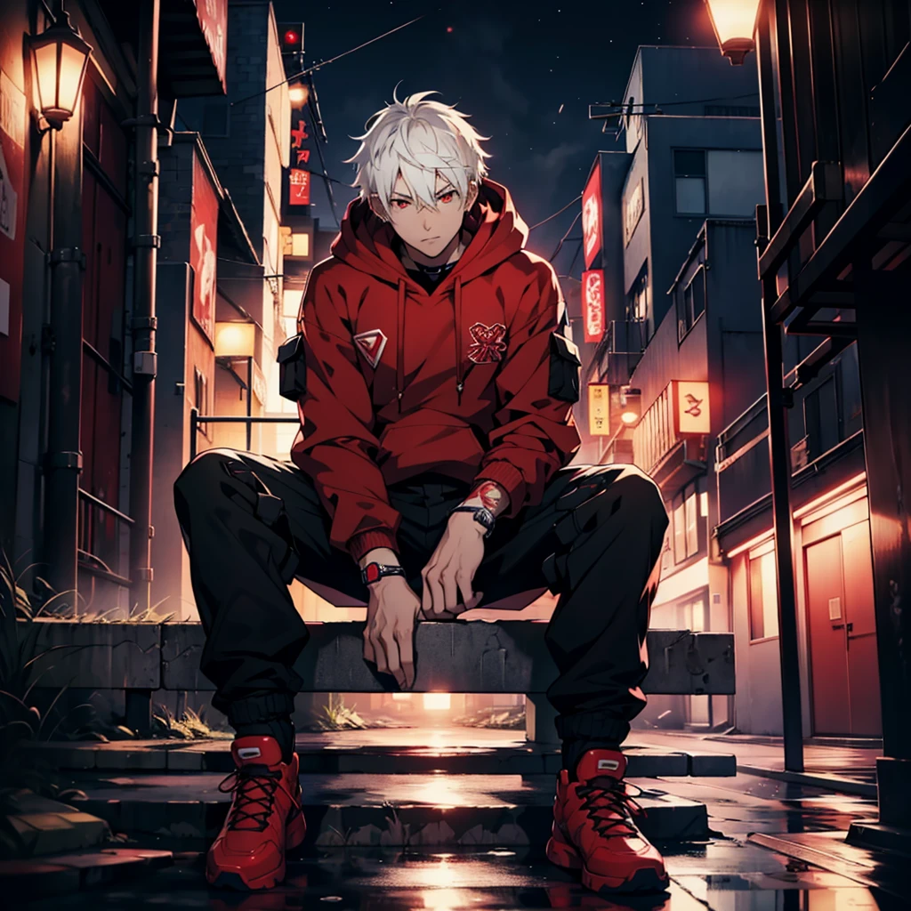 Male anime boy , short white hair, red eyes, more details on face and eyes, wearing red hoodie, black cargo pants, sitting, city, night, absurdres, high res, ultrasharp, 8K, masterpiece, looking at viewer