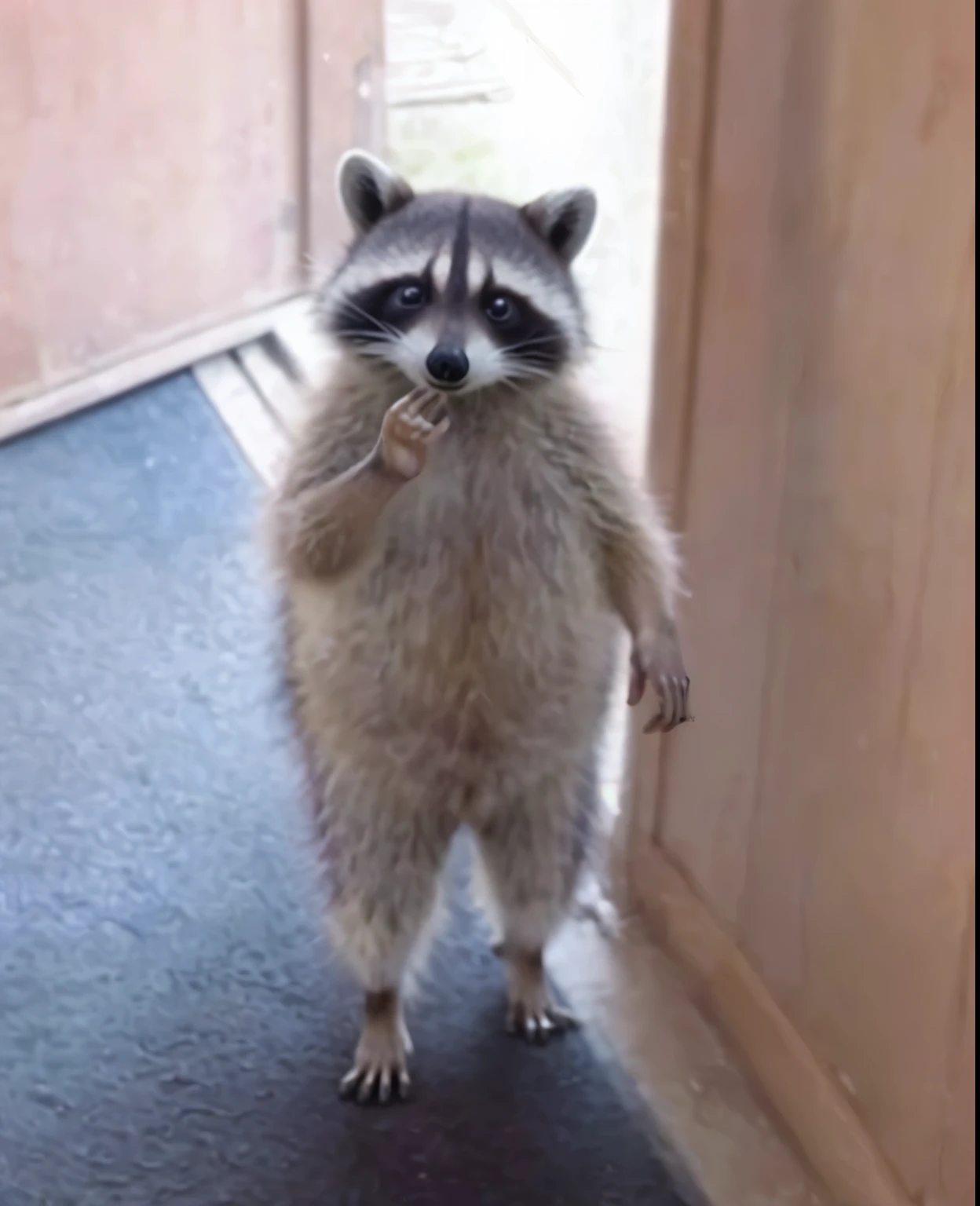 Believe this raccoon saluting like a soldier with his hand on his forehead