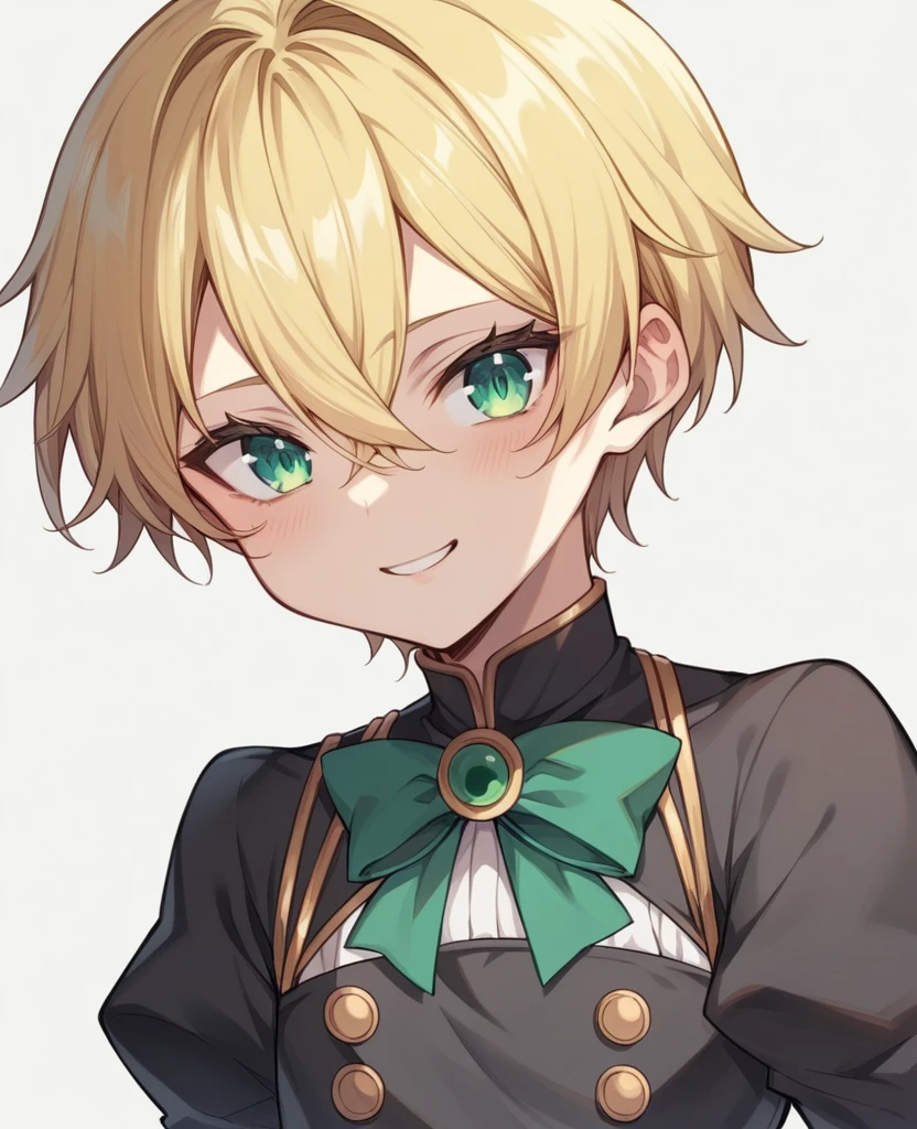 (One girl)、((short hair))、((Blonde))、(Sato Air)、((boyish))、Crossdresser、((flat chest))、green eyeage)、Black uniform、((hairs between eyes))、light smile