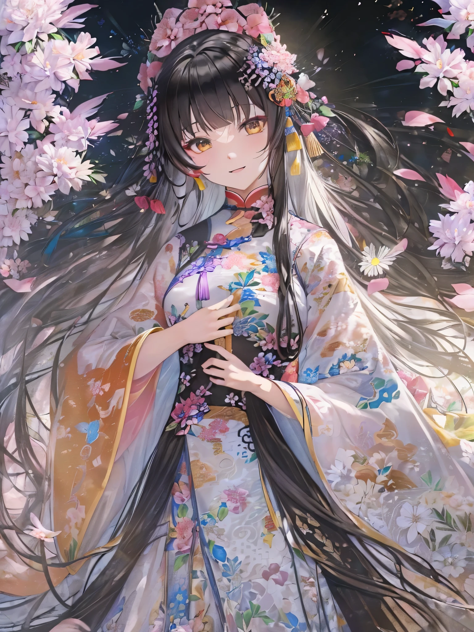 ((Highest quality)),(Ultra-high resolution),(Ultra-detailed new),(Detailed Description),((The best CG)),(masterpiece),Highly detailed art,A wonderful new art form,(Art with precise details:1.5), (Lady:1.4),(A colorful and detailed Chinese dress:1.7),(Beautiful and well-proportioned face:1.6),(Smile:1.4),(Shiny black hair:1.9),(Beautiful feet:1.6),(Intricately detailed and shiny ornaments:1.4),(Taoyaka:1.5),(Supple:1.5), (Colorful flowers々:1.7), (The wind blowing through:1.5), (Gentle sunlight:1.6), Fantasy:1.6,