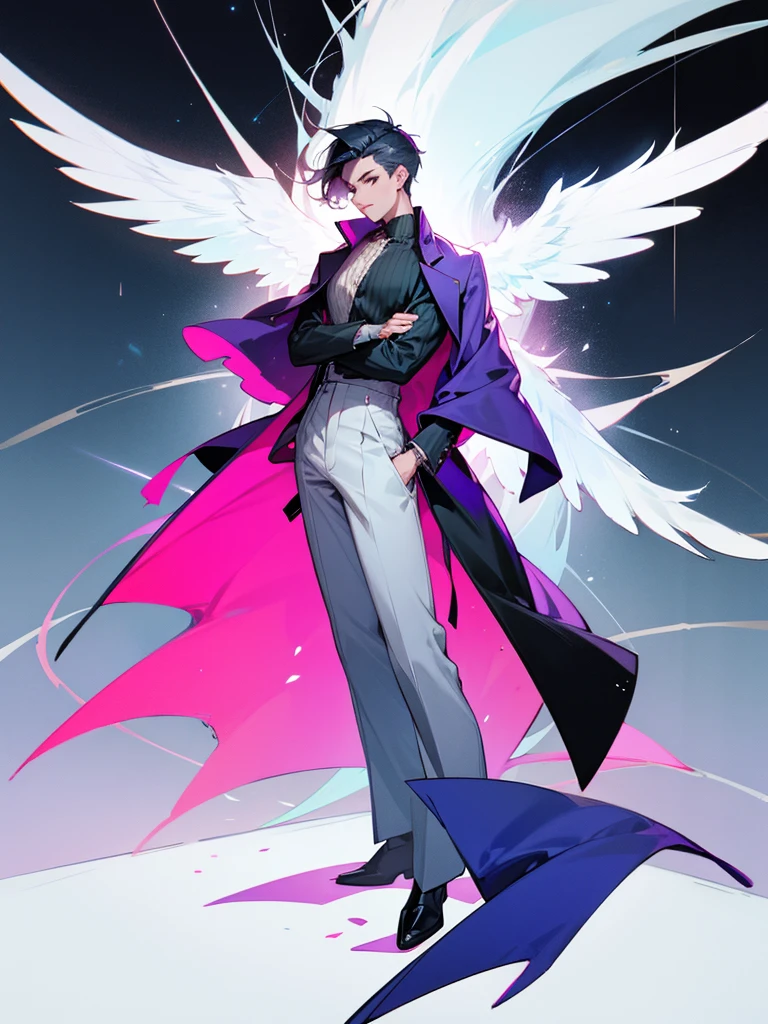 Fashion coat , off shoulder shirt, long pants, male, full body, wing