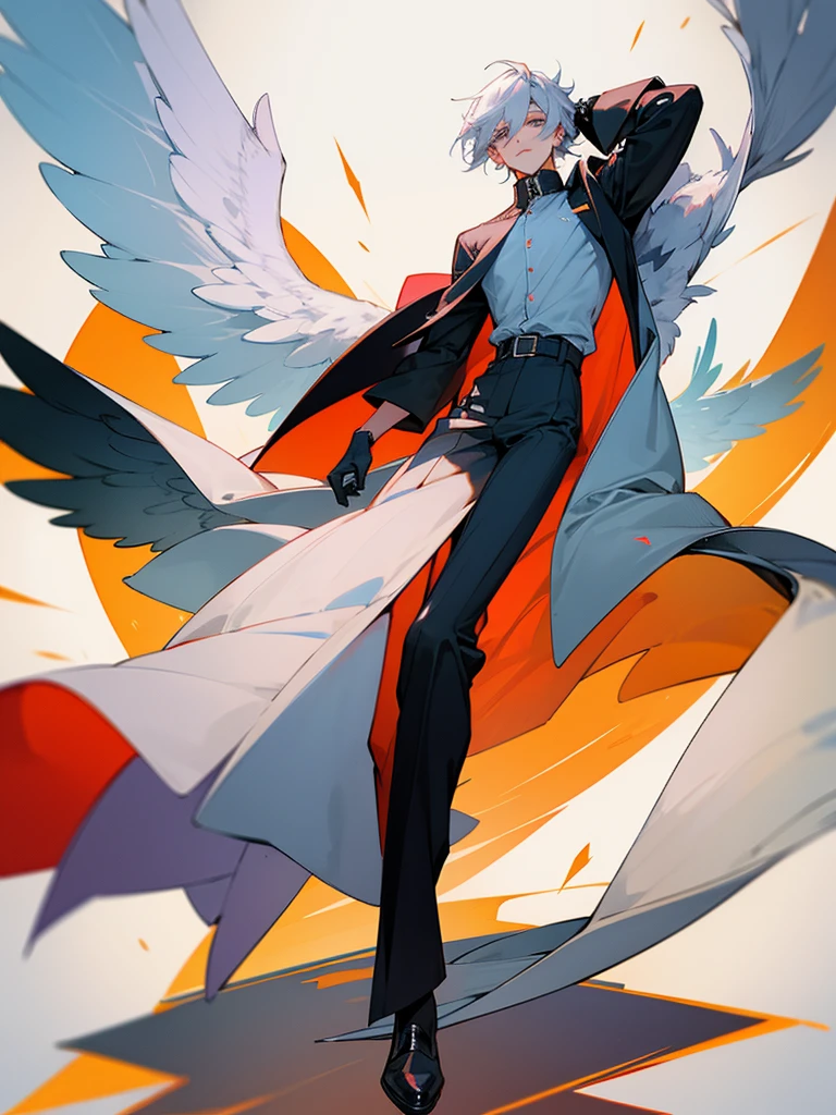 Fashion coat , off shoulder shirt, long pants, male, full body, wing
