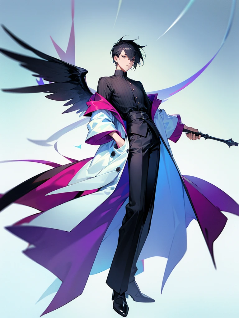 Fashion coat , off shoulder shirt, long pants, male, full body, wing
