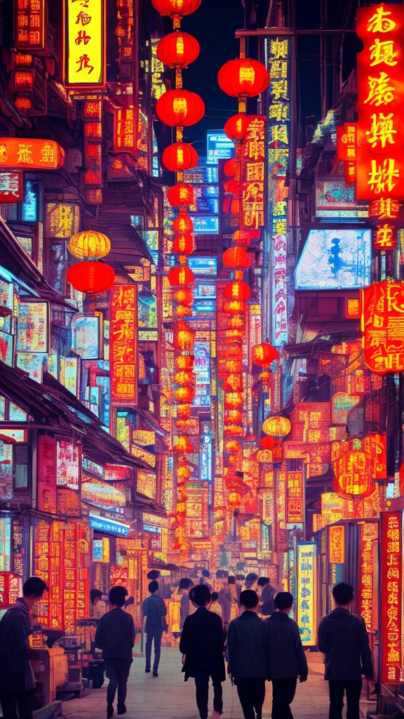 China landscape bustling street Neon Town