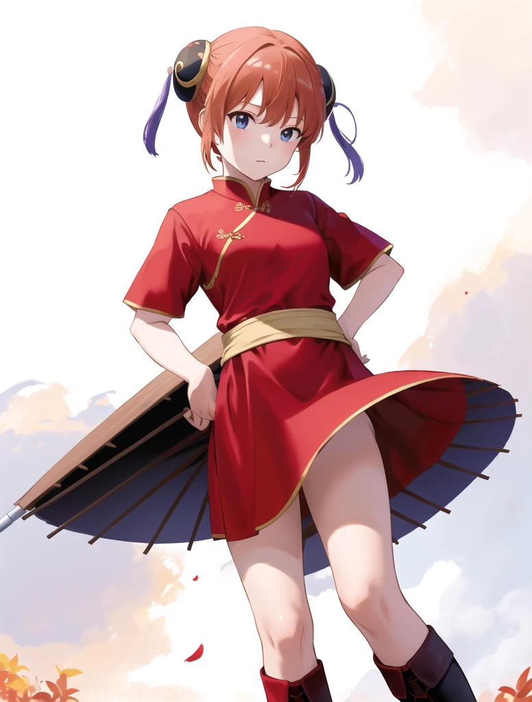 masterpiece, best quality, highres, kgr1, red dress, double bun, bun cover, china dress, chinese clothes, knee boots, short sleeves, small breasts, cowboy shot, hand on hip, closed umbrella, holding umbrella, outdoors,