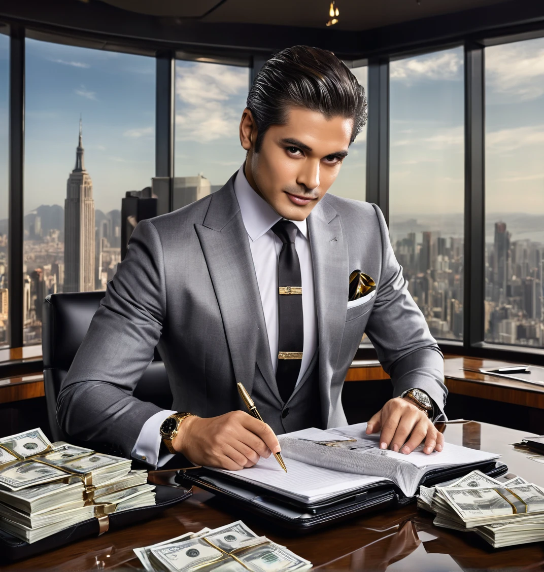 Character The tycoon, His figure is imposing and charismatic, His eyes are bright and cunning, reflecting your entrepreneurial spirit.
Expression Your eyes shine with triumph and delight, reflecting your joy at your financial success, and your lips are twisted smugly, self-confident smile.
Outfit He is dressed in an elegant outfit, fitted gray suit, a white shirt, and a striped tie. Suas abotoaduras de platina, shiny black shoes, and an expensive watch reveal your taste for luxury. Her hair is impeccably combed, improving your powerful personality.
Action He is seen extravagantly throwing a stack of notes into the air, sua postura relaxada, your body language screaming about your wealth.
Primeiro plano O primeiro plano apresenta uma nuvem de notas flutuando no ar, an extravagant leather briefcase opened to reveal more stacks of cash, and a crystal glass full of aged whiskey.
Background The backdrop is a luxurious office with a panoramic view of the city through the glass wall, walls decorated with abstract paintings, and a modern table equipped with the latest technology.
