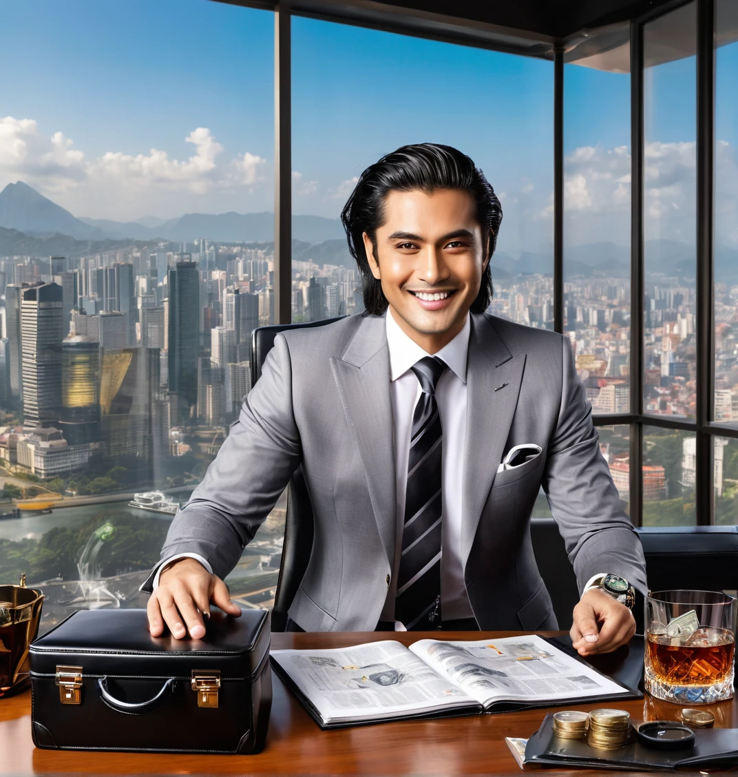Character The tycoon, His figure is imposing and charismatic, His eyes are bright and cunning, reflecting your entrepreneurial spirit.
Expression Your eyes shine with triumph and delight, reflecting your joy at your financial success, and your lips are twisted smugly, self-confident smile.
Outfit He is dressed in an elegant outfit, fitted gray suit, a white shirt, and a striped tie. Suas abotoaduras de platina, shiny black shoes, and an expensive watch reveal your taste for luxury. Her hair is impeccably combed, improving your powerful personality.
Action He is seen extravagantly throwing a stack of notes into the air, sua postura relaxada, your body language screaming about your wealth.
Primeiro plano O primeiro plano apresenta uma nuvem de notas flutuando no ar, an extravagant leather briefcase opened to reveal more stacks of cash, and a crystal glass full of aged whiskey.
Background The backdrop is a luxurious office with a panoramic view of the city through the glass wall, walls decorated with abstract paintings, and a modern table equipped with the latest technology.