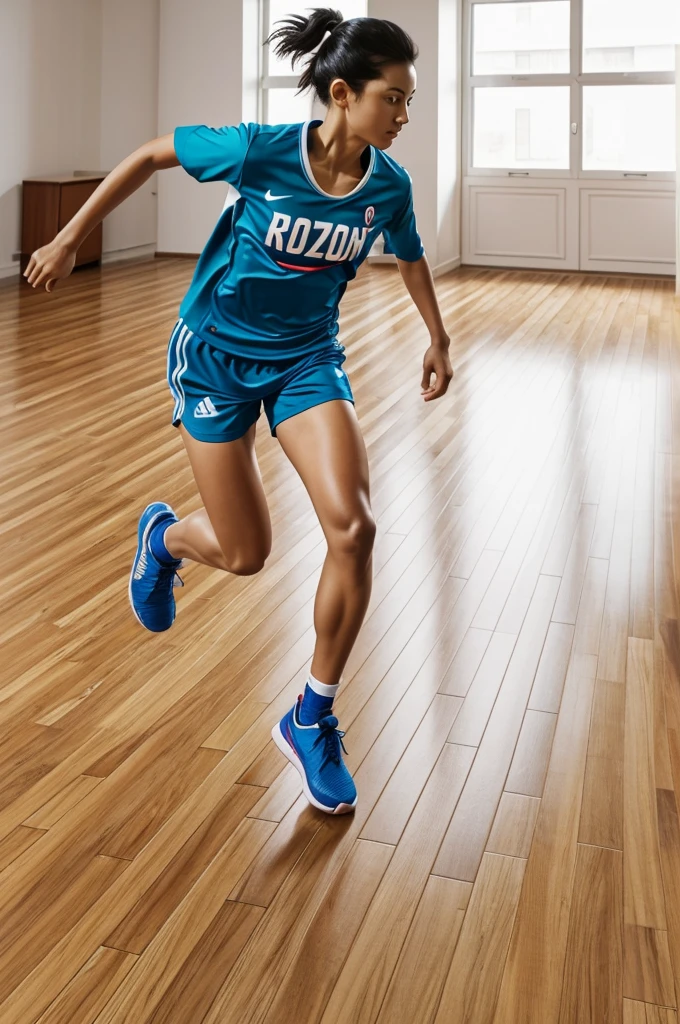 Photograph of yaoyorozo momo running in sportswear on a parquet floor 