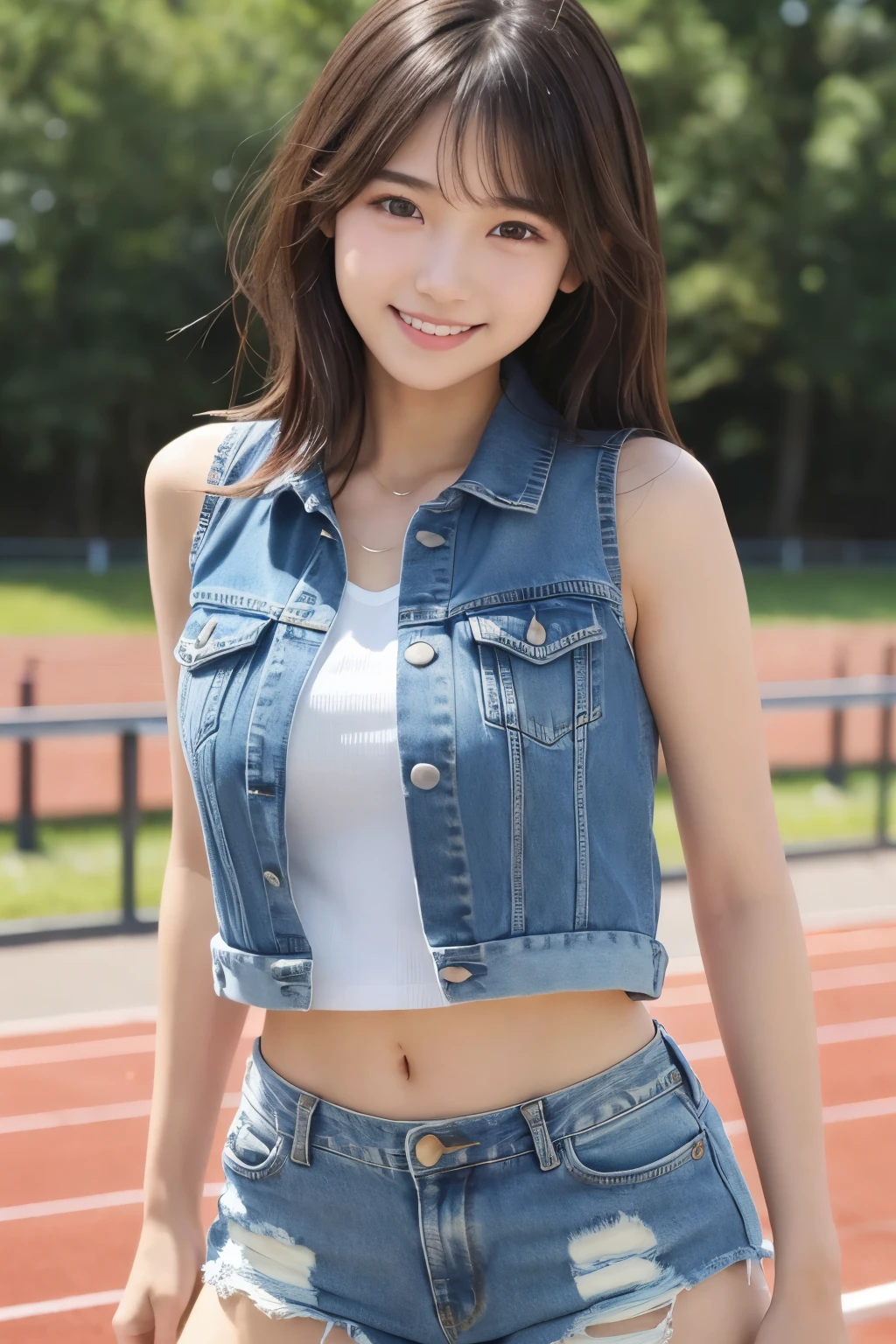 one japanese girl, (a beauty girl, delicate girl:1.3), (, gal:1.3), (denim shorts:1.2), very fine eye definition, (symmetrical black eyes:1.3), stare at the camera, A big smile, show teeth, (trackfield view:1.2), small breasts, brown short hair, girl, (eyes and faces with detailed:1.5), (masterpiece, best quality, ultra detailed, detailed face, 8k), Swayback stance