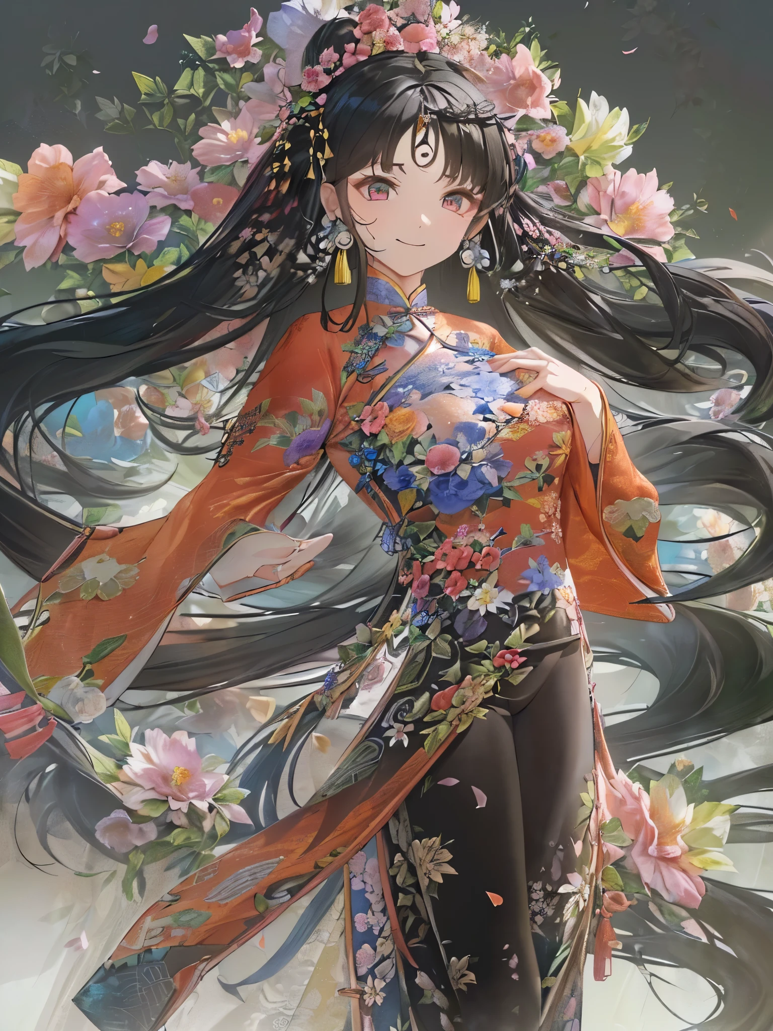 ((Highest quality)),(Ultra-high resolution),(Ultra-detailed new),(Detailed Description),((The best CG)),(masterpiece),Highly detailed art,A wonderful new art form,(Art with precise details:1.5), (Lady:1.4),(A colorful and detailed Chinese dress:1.7),(Beautiful and well-proportioned face:1.6),(Smile:1.4),(Shiny black hair:1.9),(Beautiful feet:1.6),(Intricately detailed and shiny ornaments:1.4),(Taoyaka:1.5),(Supple:1.5), (Colorful flowers々:1.7), (The wind blowing through:1.5), (Gentle sunlight:1.6), Fantasy:1.6,