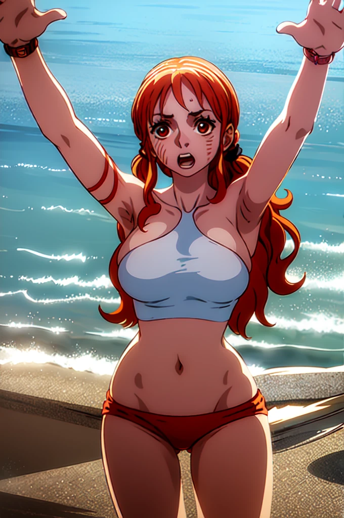 Nami,1girl,solo, beautiful, thicc thighs, huge breasts, wearing bikini, in the beach, orange eyes, realistic pupils, highly details eye, perfect anatomy, good anatomy, good composition, armpits, sweating, milf, thicc thighs, lubricant skin groin area, oily skin, red armpits, sweat armpits