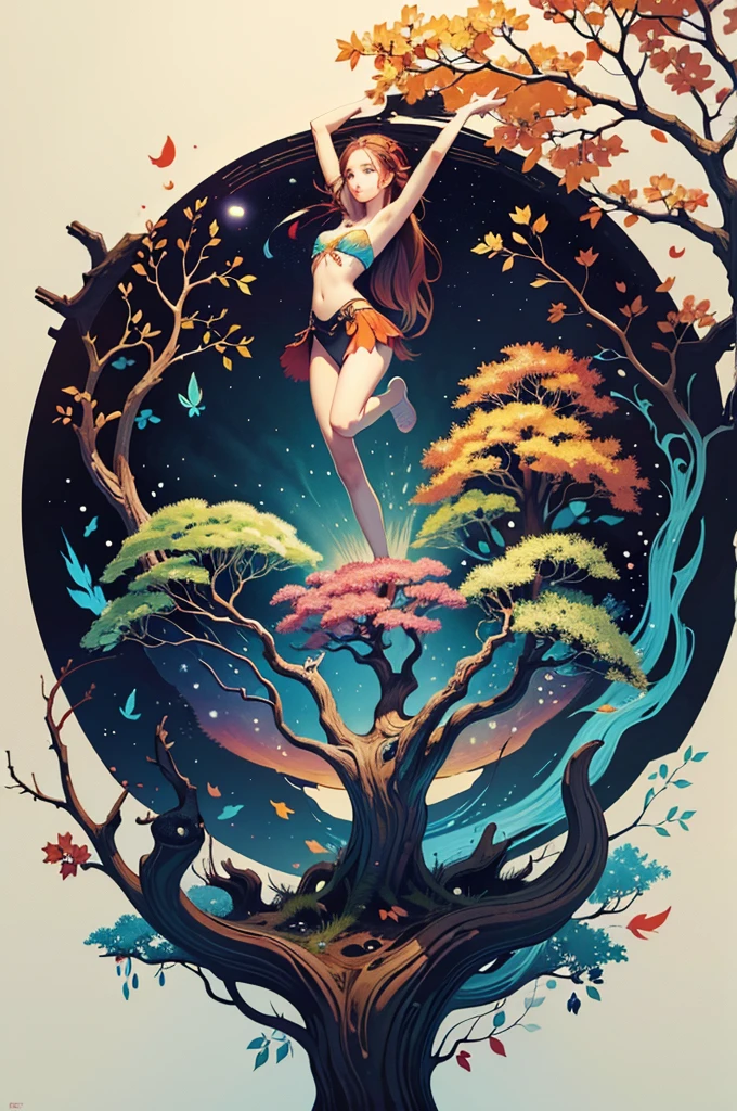 circular tree,four seasons,spring,summer,autumn,winter,leaves,roots,branches,trunk,ornate border,decorative,digital illustration,artwork,movement,time,swirling background,dark background,vibrant colors,natural,life cycle,growth,change,nature,life,peace,harmony,spirituality,symbolism,digital art,illustration,painting,graphic design,art,design,digital media,online art,visual art,fine art,fantasy