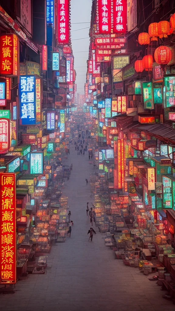 China landscape bustling street Neon Town No people