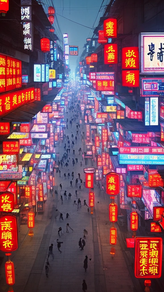 China landscape bustling street Neon Town No people