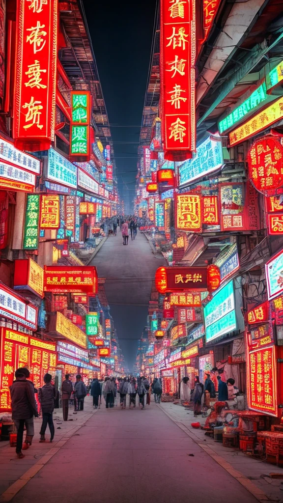 China landscape bustling street Neon Town No people