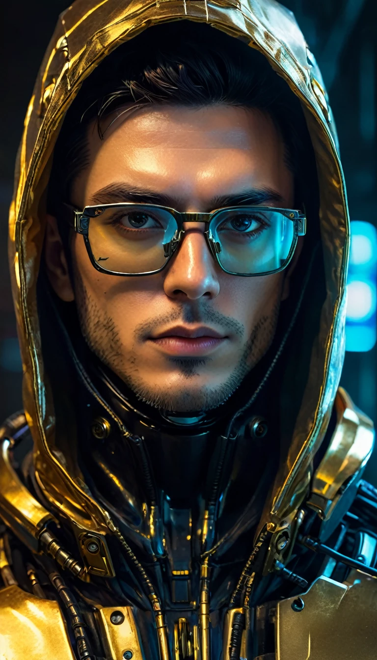 a close up of a robot man with black glasses, Golden hood over the head, portrait of an android, dark cyberpunk illustration, portrait of a cyberpunk cyborg, portrait of a space cyborg, detailed portrait of a cyborg, cyberpunk artstyle, portrait of a cyberpunk machine, portrait of a cyberpunk man, deep cyberpunk mechanoid, psychedelic organic cyborg