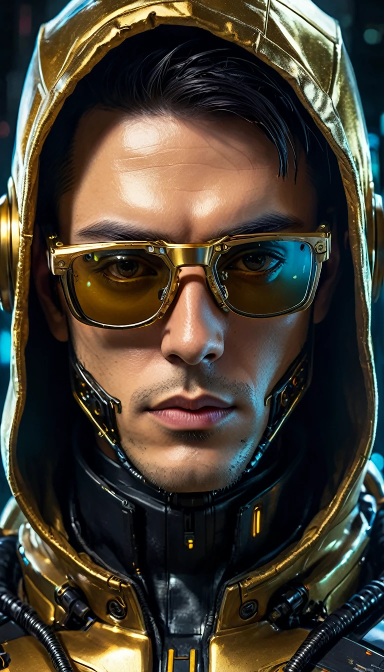 a close up of a robot man with black glasses, Golden hood over the head, portrait of an android, dark cyberpunk illustration, portrait of a cyberpunk cyborg, portrait of a space cyborg, detailed portrait of a cyborg, cyberpunk artstyle, portrait of a cyberpunk machine, portrait of a cyberpunk man, deep cyberpunk mechanoid, psychedelic organic cyborg