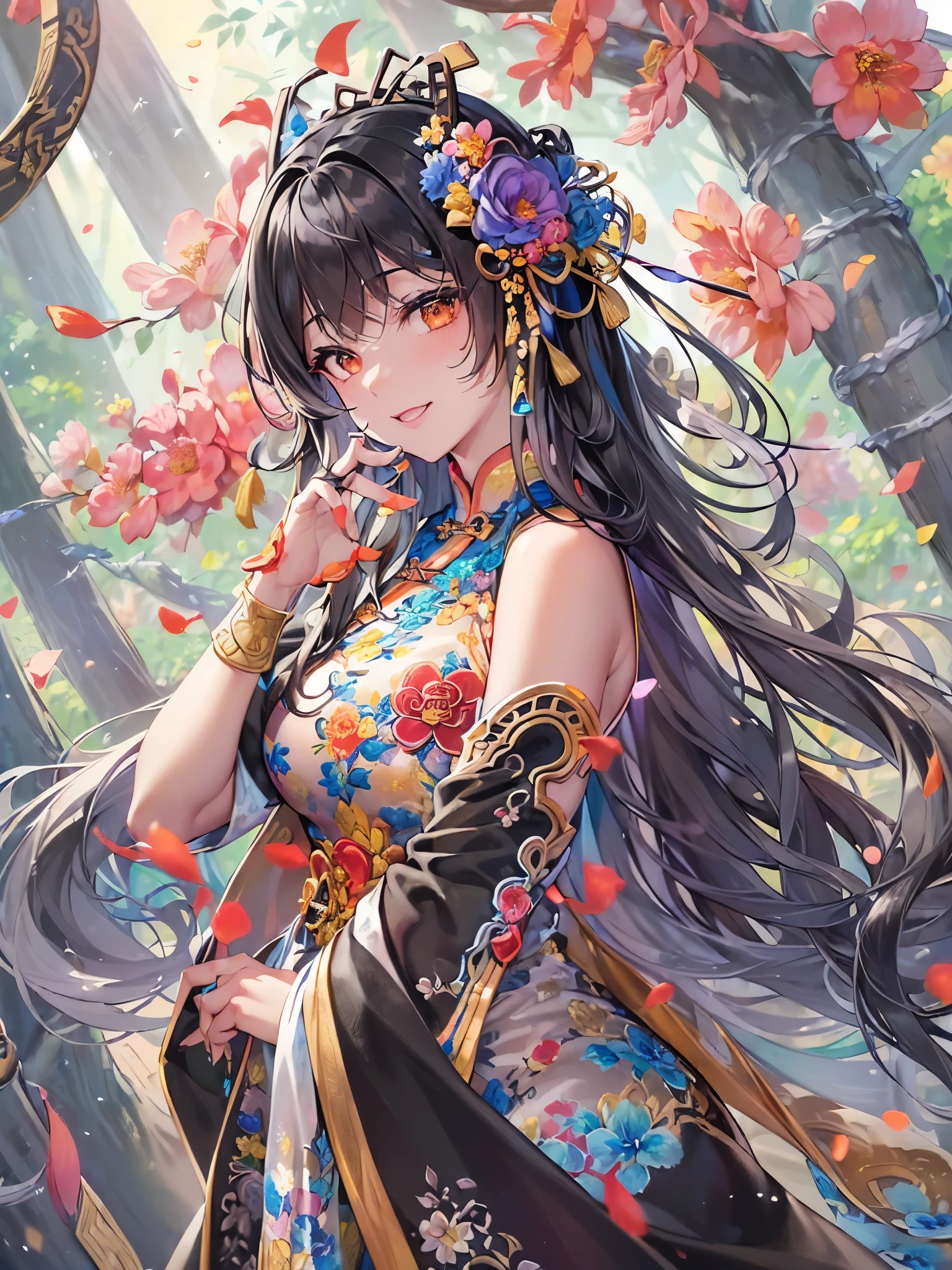((Highest quality)),(Ultra-high resolution),(Ultra-detailed new),(Detailed Description),((The best CG)),(masterpiece),Highly detailed art,A wonderful new art form,(Art with precise details:1.5), (Lady:1.4),(A colorful and detailed Chinese dress:1.7),(Beautiful and well-proportioned face:1.6),(Smile:1.4),(Shiny black hair:1.9),(Beautiful feet:1.6),(Intricately detailed and shiny ornaments:1.4),(Taoyaka:1.5),(Supple:1.5), (Colorful flowers々:1.7), (The wind blowing through:1.5), (Gentle sunlight:1.6), Fantasy:1.6,