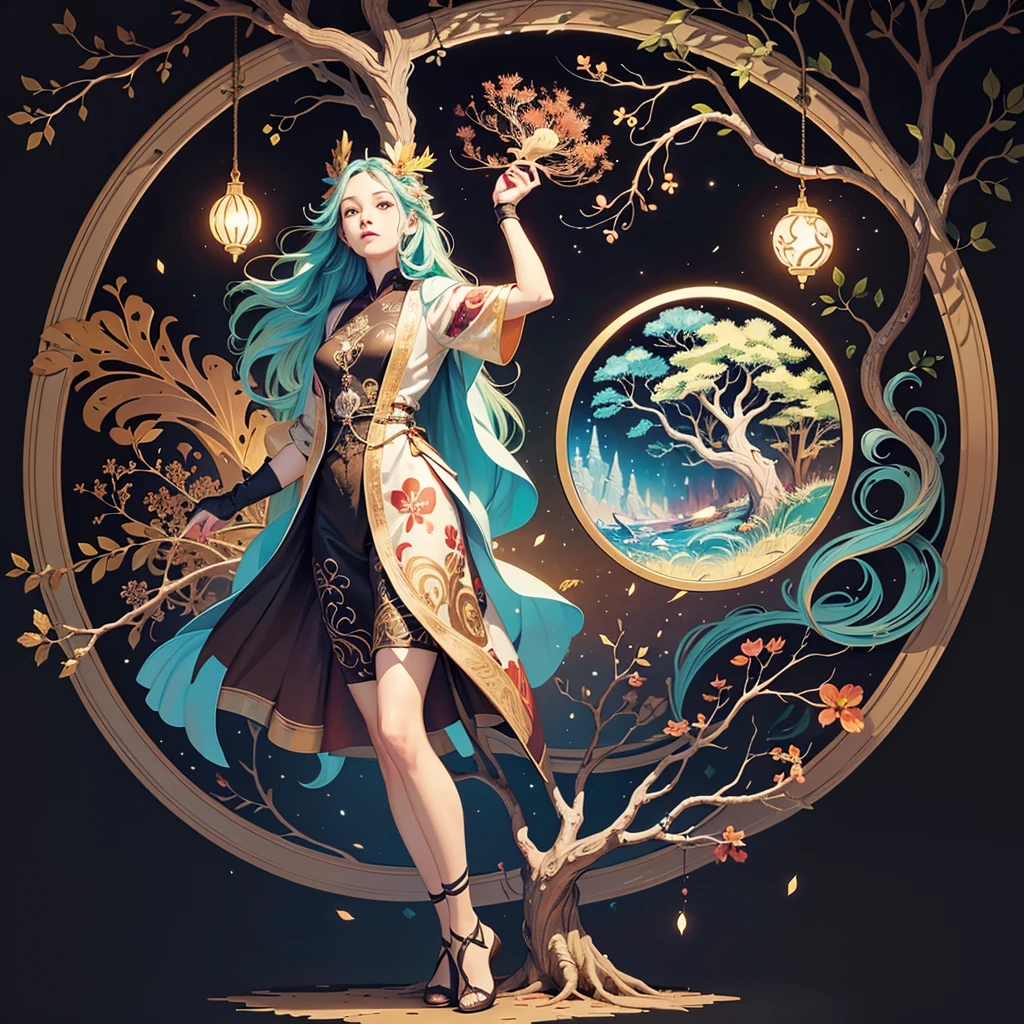 circular tree,four seasons,spring,summer,autumn,winter,leaves,roots,branches,trunk,ornate border,decorative,digital illustration,artwork,movement,time,swirling background,dark background,vibrant colors,natural,life cycle,growth,change,nature,life,peace,harmony,spirituality,symbolism,digital art,illustration,painting,graphic design,art,design,digital media,online art,visual art,fine art,fantasy