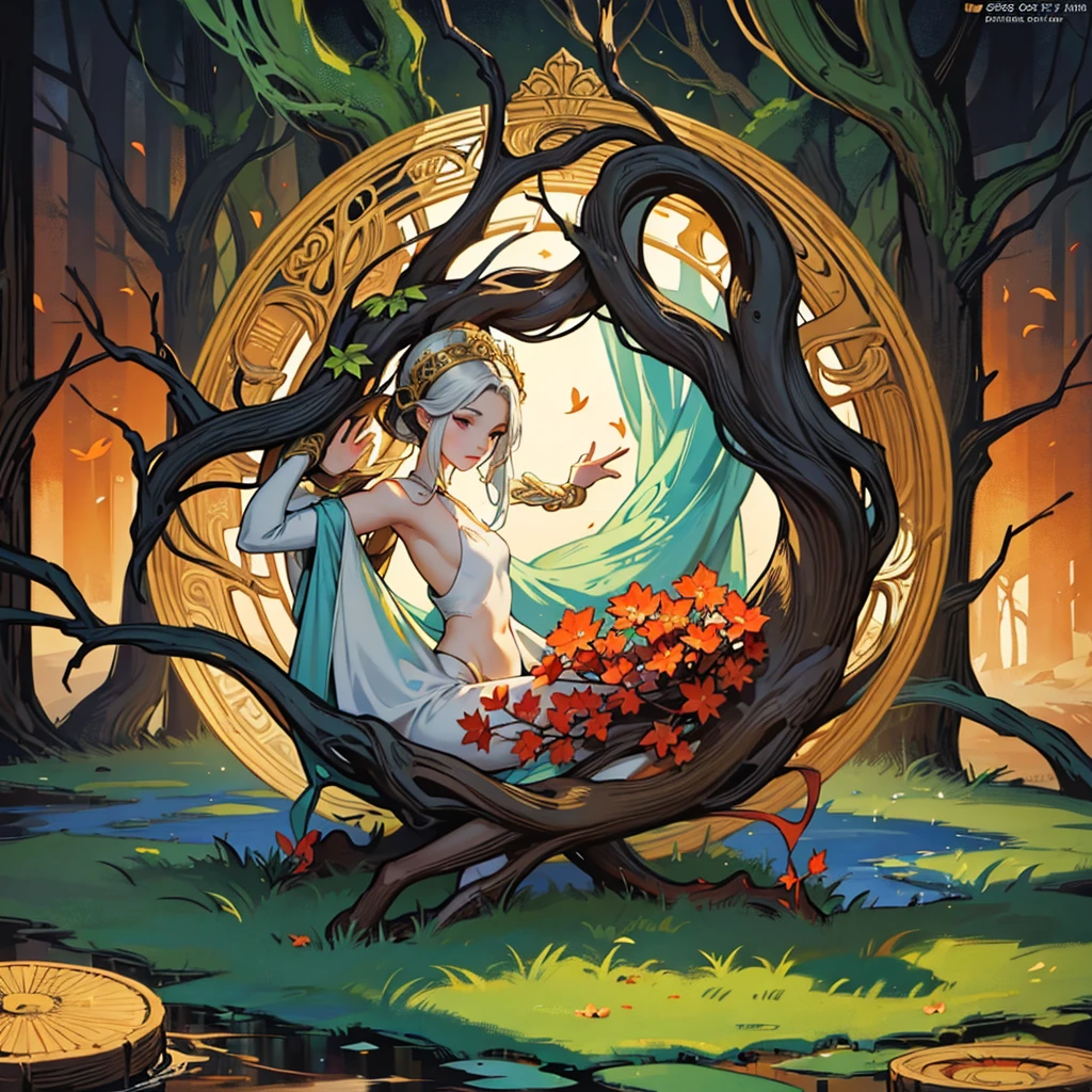 circular tree,four seasons,spring,summer,autumn,winter,leaves,roots,branches,trunk,ornate border,decorative,digital illustration,artwork,movement,time,swirling background,dark background,vibrant colors,natural,life cycle,growth,change,nature,life,peace,harmony,spirituality,symbolism,digital art,illustration,painting,graphic design,art,design,digital media,online art,visual art,fine art,fantasy