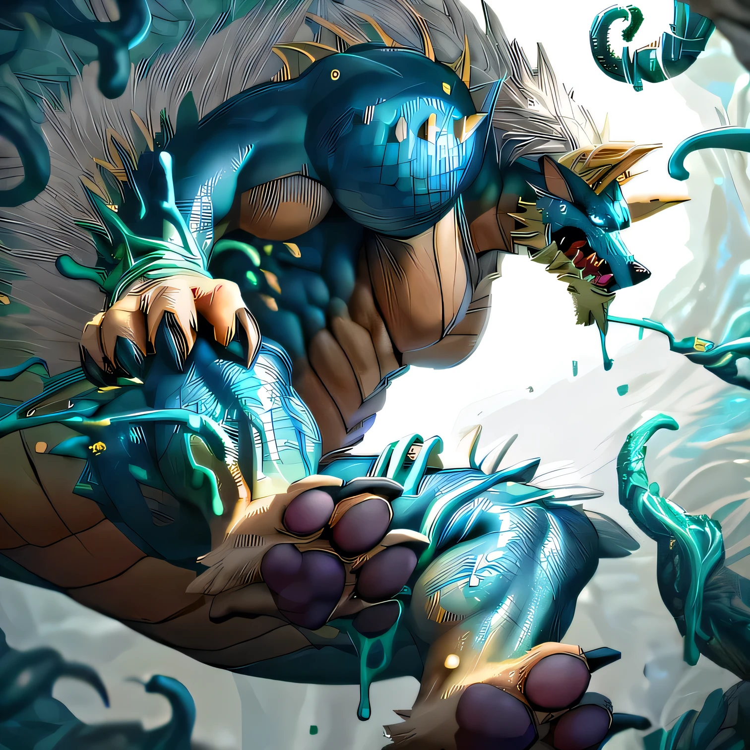 anthropology,(zinogre:1.2),Tail,((whole body,blue eyes, Blue body, White furry, Yellow Hand, Feet, Blue face,4 toes,Tail )),,muscular, whole body, (author：null-ghost,From raccoon21,masterpiece,high quality), Night Fight,((boundary)), rest (((Slime monster uses tentacles to fight dragon))，4 toes，struggle, (pain:1.3)，frown，annoyed, Worry,full body,pawpads,