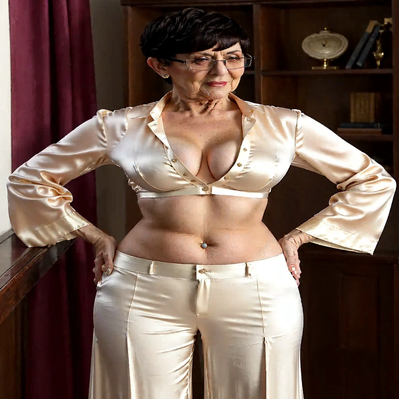 old aged elderly older mature cheeky master intimidating nerd dame, with unbuttoned and shiny cream overly fitted stretch silk skimpy only one-buttoned ivory pin midriff-shirt, deep unglued V-neck, bare arms, without cuffs, braless, overly low rise palazzo pants, very short French haircut, exposed forehead, drop-shaped overly big navel!