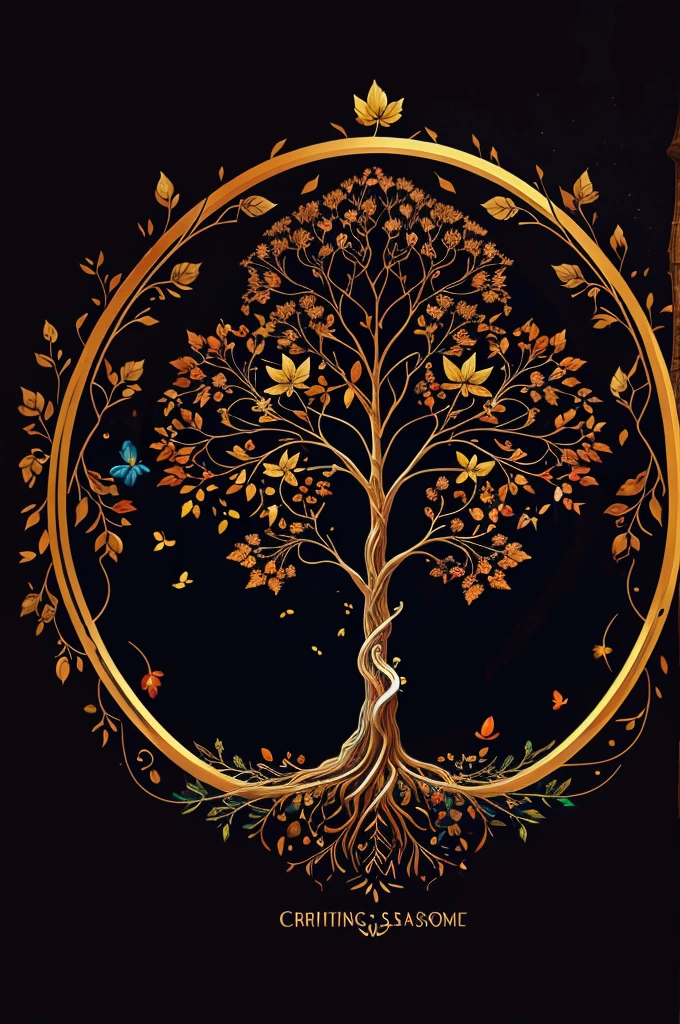 circular tree,four seasons,spring,summer,autumn,winter,leaves,roots,branches,trunk,ornate border,decorative,digital illustration,artwork,movement,time,swirling background,dark background,vibrant colors,natural,life cycle,growth,change,nature,life,peace,harmony,spirituality,symbolism,digital art,illustration,painting,graphic design,art,design,digital media,online art,visual art,fine art,fantasy