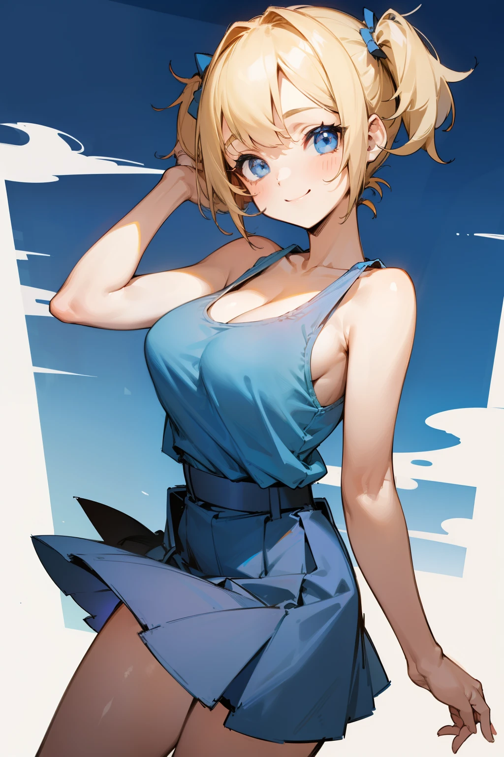 Cute girl, short blonde hair, pigtails, blue eyes, blue dress, blue tank top, wide black belt, short blue skirt, big breasts, smile