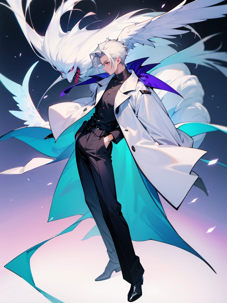 Fashion coat , off shoulder shirt, long pants, male, full body, wing