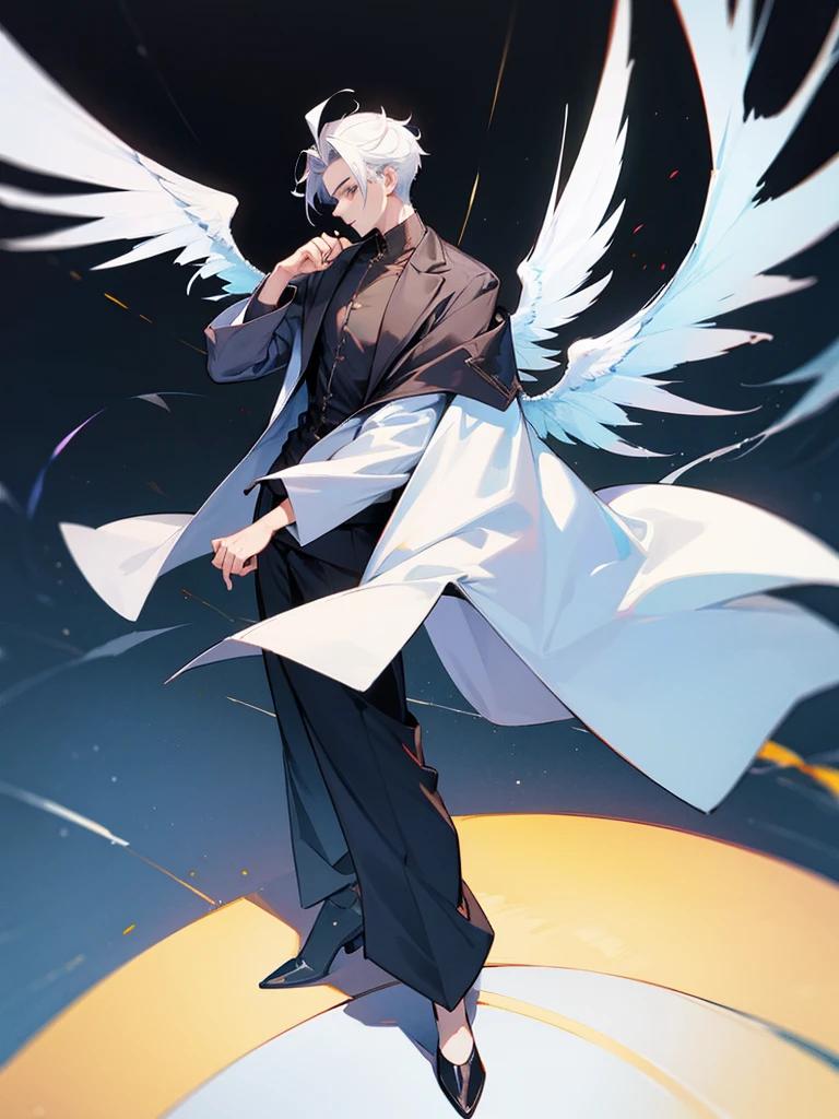 Fashion coat , off shoulder shirt, long pants, male, full body, wing