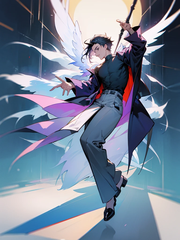 Fashion coat , off shoulder shirt, long pants, male, full body, wing