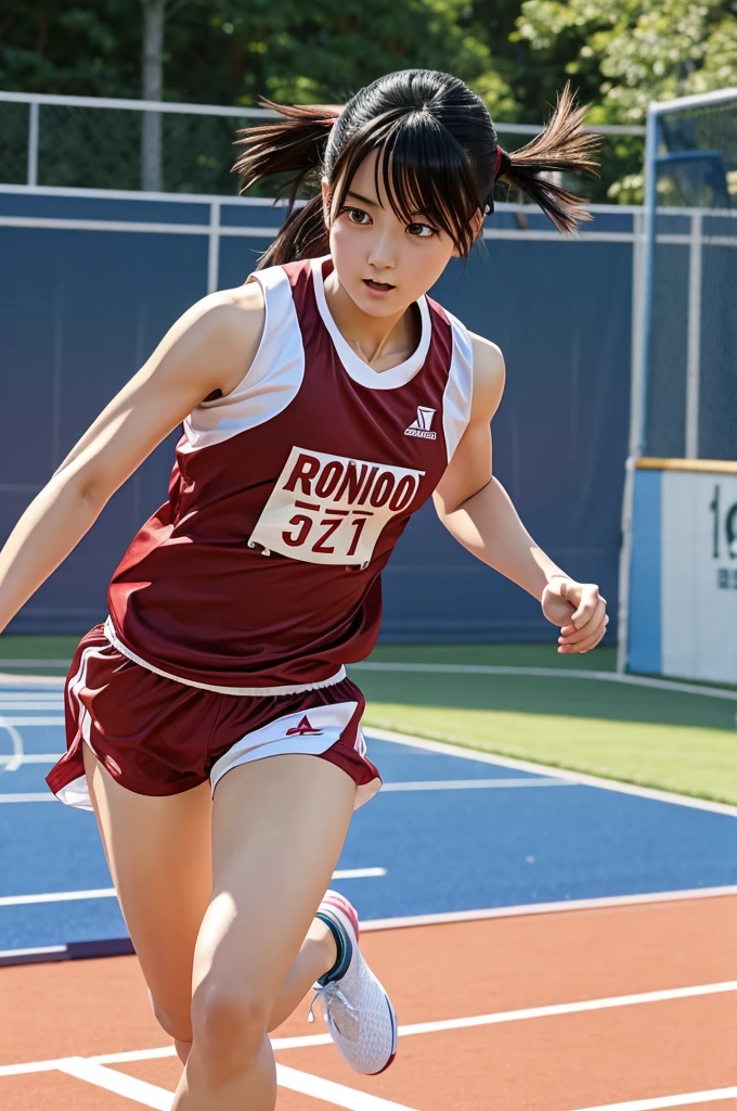 (Highest quality, 8K, 32k, masterpiece:0.5, Ultra-high resolution:1.0,Photo Real:1.0 ),Small breasts,Black Hair, 11,Cute idol,
Running Athletics,playground,Bloomers, Sports uniforms,