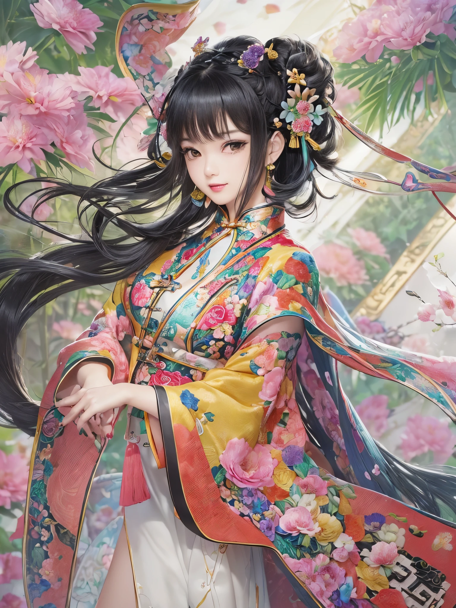 ((Highest quality)),(Ultra-high resolution),(Ultra-detailed new),(Detailed Description),((The best CG)),(masterpiece),Highly detailed art,A wonderful new art form,(Art with precise details:1.5), (Lady:1.4),(A colorful and detailed Chinese dress:1.7),(Beautiful and well-proportioned face:1.6),(Smile:1.4),(Shiny black hair:1.9),(Beautiful feet:1.6),(Intricately detailed and shiny ornaments:1.4),(Taoyaka:1.5),(Supple:1.5), (Colorful flowers々:1.7), (The wind blowing through:1.5), (Gentle sunlight:1.6), Fantasy:1.6,