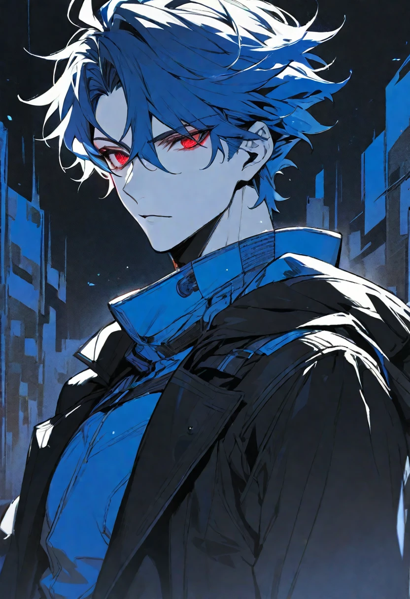 solo, handsome, 1 male, short hair, blue hair, red eyes, black coat, monochrome background