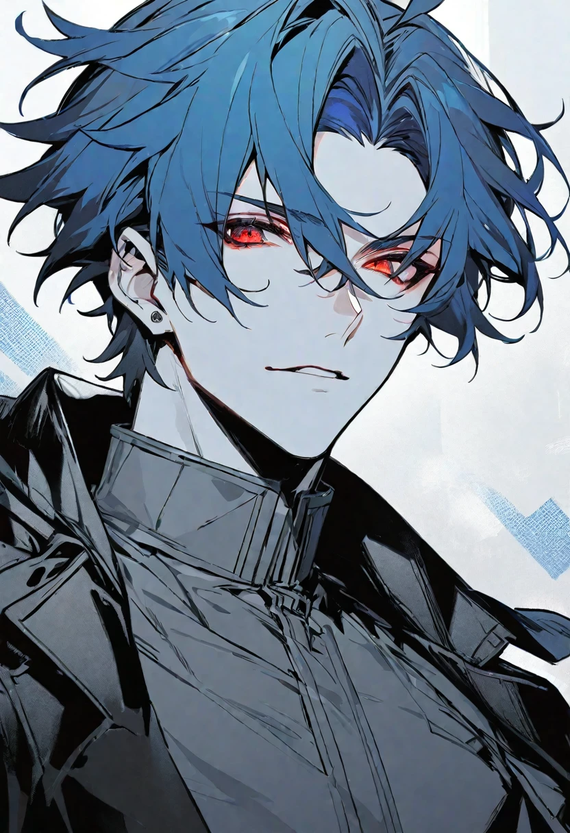 solo, handsome, 1 male, short hair, blue hair, red eyes, black coat, monochrome background