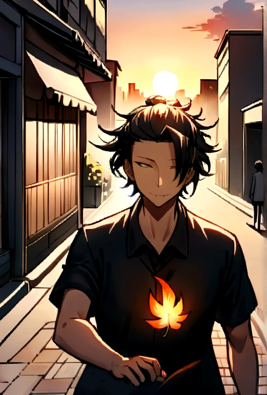 1 boy, men&#39;s Suguru Ghetto, one in shirt and trousers, standing on a city street during sunset. gracefully moving away from the camera&#39;s point of view. The camera smoothly follows her movement, starting at eye level, and then leans up, to keep focus on it, when she rises. The background should gradually blur, to emphasize movement, and the setting sun creates a dramatic backlight, which highlights the edges of her shape and the fiery leaf. Make sure, that there is a feeling of movement and energy, as if a moment of powerful transformation was captured. 8 k, high quality 