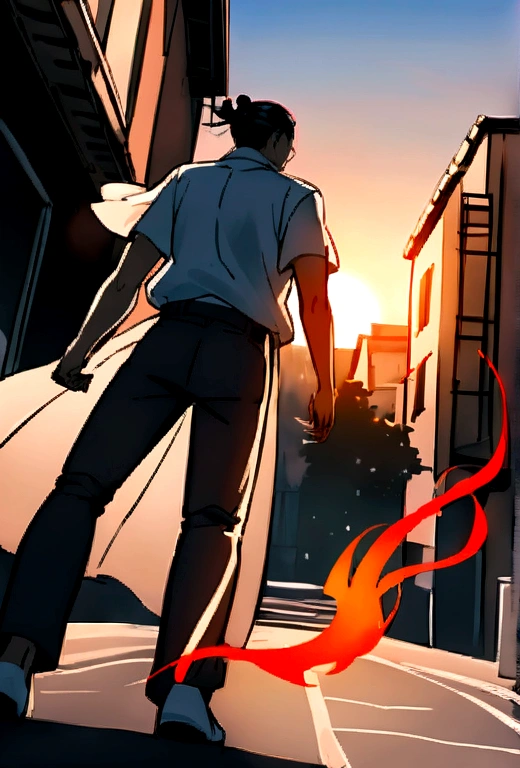 1 boy, men's Suguru Ghetto, one in shirt and trousers, standing on a city street during sunset. gracefully moving away from the camera's point of view. The camera smoothly follows her movement, starting at eye level, and then leans up, to keep focus on it, when she rises. The background should gradually blur, to emphasize movement, and the setting sun creates a dramatic backlight, which highlights the edges of her shape and the fiery leaf. Make sure, that there is a feeling of movement and energy, as if a moment of powerful transformation was captured. 8 k, high quality