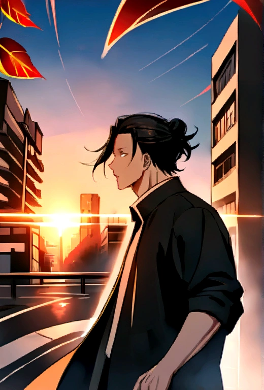 1 boy, men's Suguru Ghetto, one in shirt and trousers, standing on a city street during sunset. gracefully moving away from the camera's point of view. The camera smoothly follows her movement, starting at eye level, and then leans up, to keep focus on it, when she rises. The background should gradually blur, to emphasize movement, and the setting sun creates a dramatic backlight, which highlights the edges of her shape and the fiery leaf. Make sure, that there is a feeling of movement and energy, as if a moment of powerful transformation was captured. 8 k, high quality