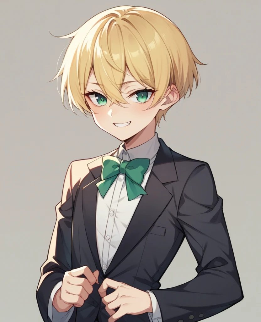 (One girl)、((short hair))、((Blonde))、(Sato Air)、((boyish))、Crossdresser、((flat chest))、green eyeage)、Black Blazer、((hairs between eyes))、light smile