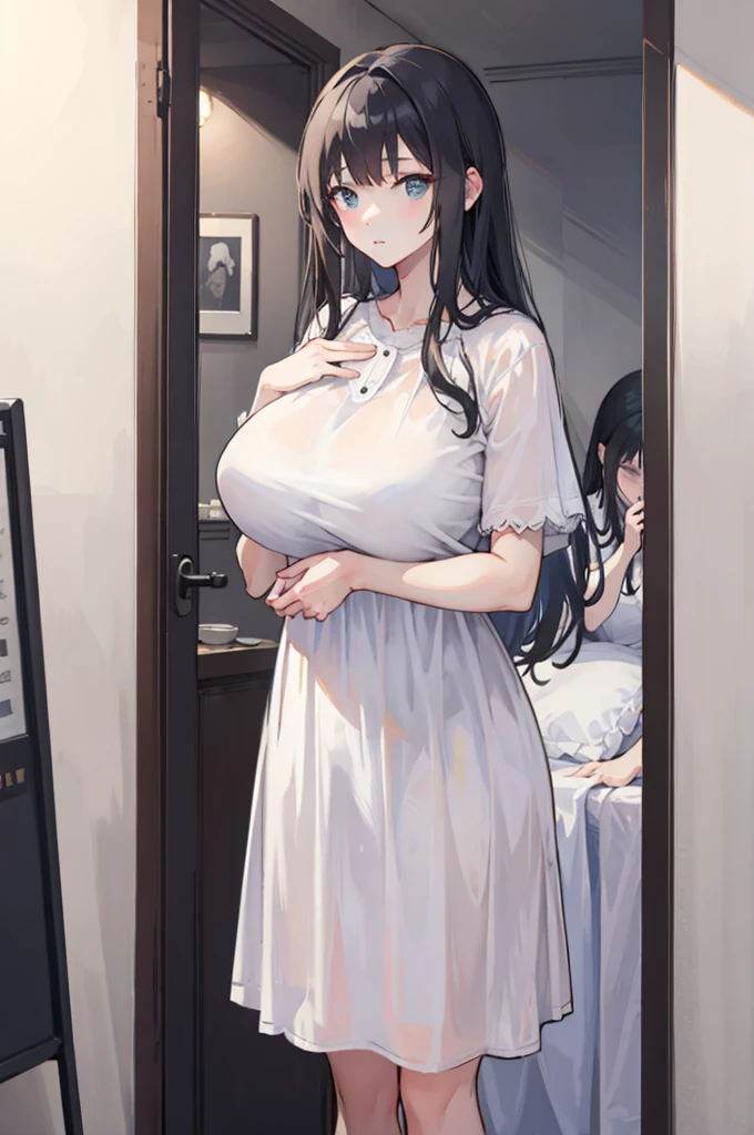 masterpiece, best quality, emphasize, 1個Giant Breast Girl,Princess,Black long hair, Big ,White transparent nightdress,Home,