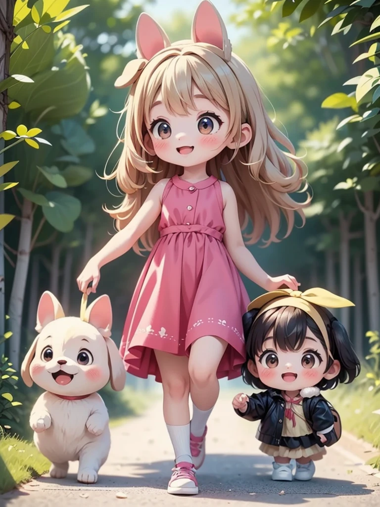 Two little girls、Very close sisters、Walk hand in hand、Having fun and being excited、They both walk with a bounce、Happy smile、A cute, cool sleeveless dress、Dogs walking side by side、(Quadrupedal Dog、Very large dog:1.4、Same height as her sister、Bushy white hairs、She is very kind and cares for her sisters.)、Nothing in my hands、Watching the audience、