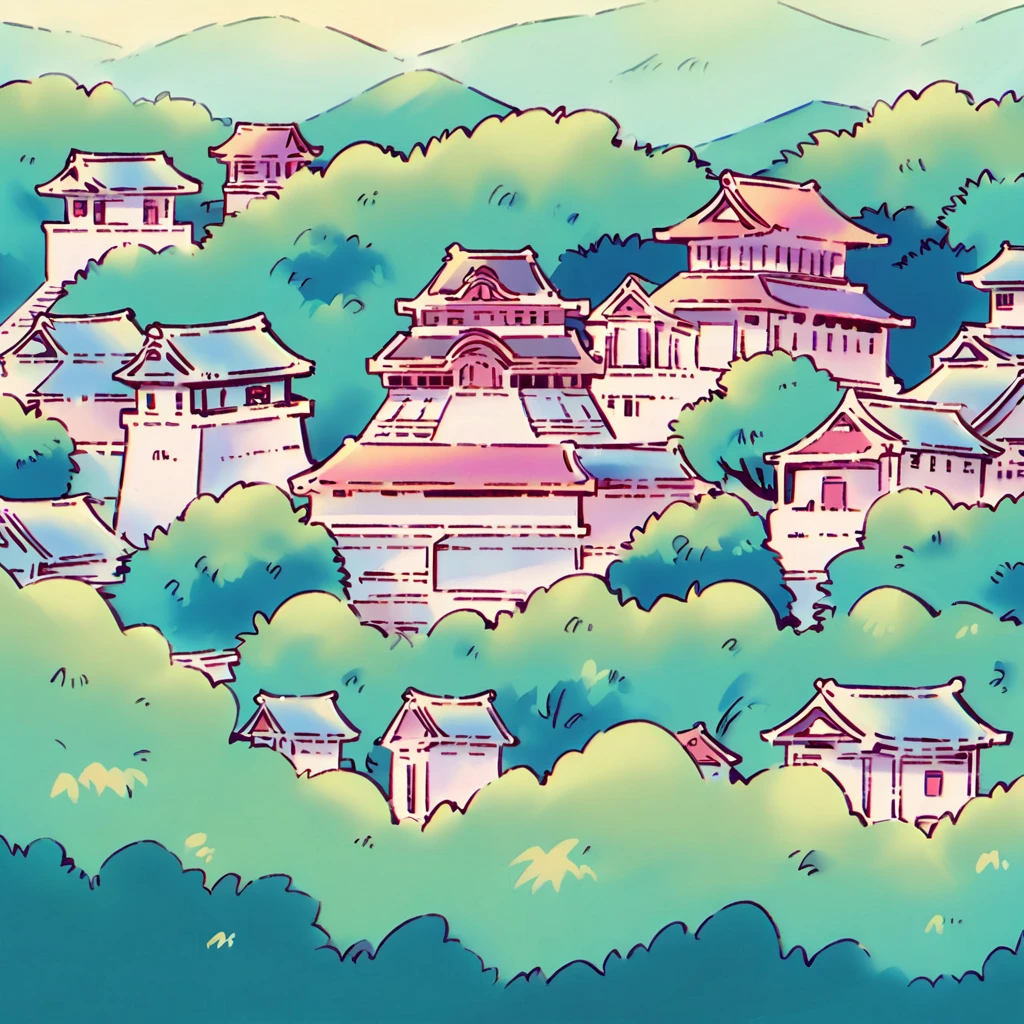 top-down view of a distant Japanese temple-village almost hidden by green bushes and trees, analogous pastel colors