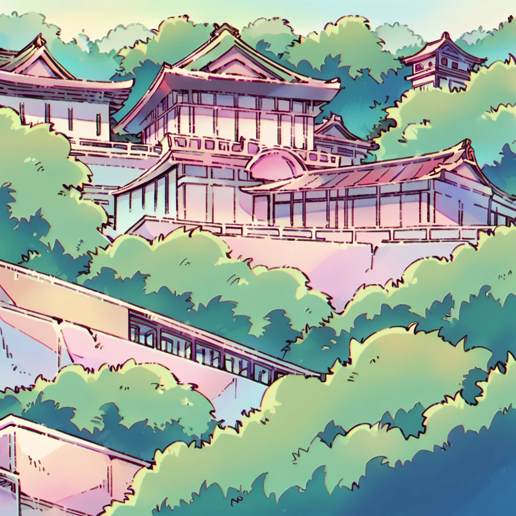 top-down view of a distant Japanese temple-village almost hidden by green bushes and trees, analogous pastel colors
