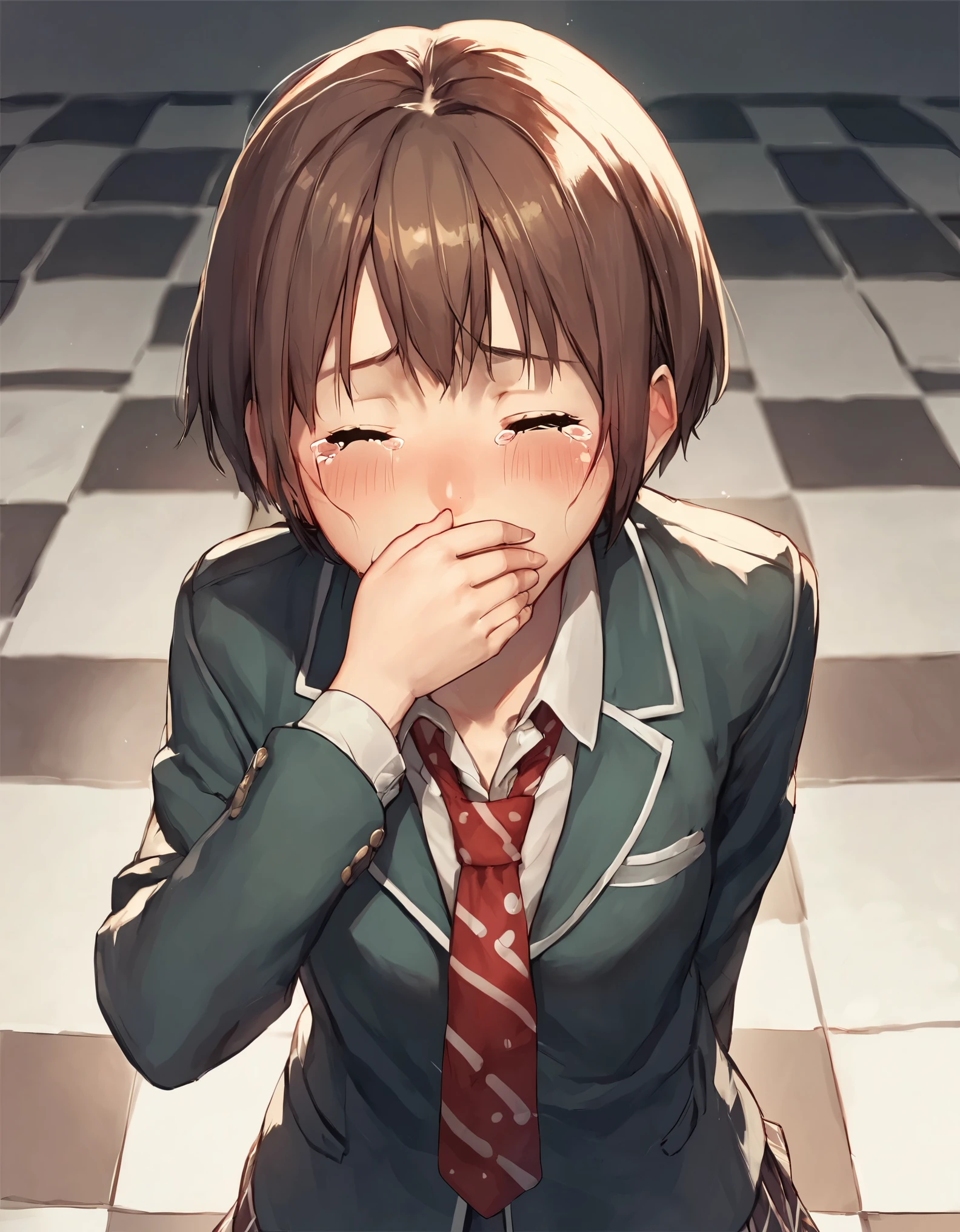 score_9, score_8_up, score_7_up, score_6_up, source_anime, BREAK 1girl, solo, blush, short_hair, brown_hair, bow, ribbon, school_uniform, jacket, closed_eyes, hair_bow, necktie, tears, parody, covering_mouth, checkered_floor