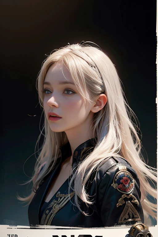Hyperrealist portrait of female by david hockney and alphonse mucha,fantasy art, photo realistic, dynamic lighting, artstation, poster, volumetric lighting, very detailed faces, 4 k, award winning,, 1girl, in the dark, deep shadow, low key,cowboy shot,(official clothing:1.4) ,long hair,white hair,