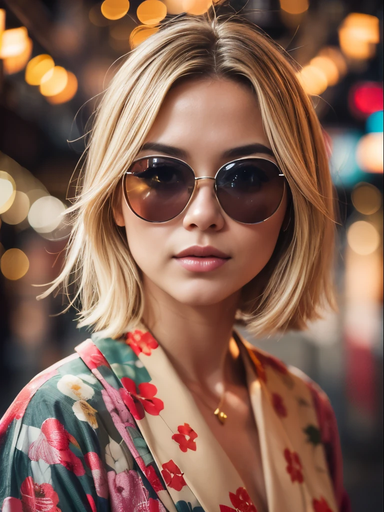 A gorgeous ((European blonde woman)) in a traditional Japanese kimono. age 23. with a cascading messy bob hairstyle. wearing gold Ray-Ban aviator sunglasses with reflective lens. ((standing in a blurry, smoky old Tokyo alley in the background))