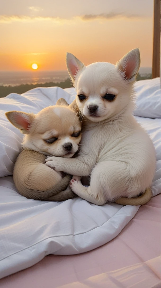 With the sunset in the background,(masterpiece:1.2, high quality), Two Chihuahua puppies sleeping together on a bed、